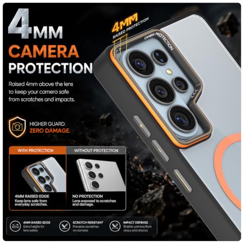 Image of Pikkme Back Cover for Samsung S26 Ultra 5G | Shockproof | Mag-Safe Compatible | Hard Transparent Back | Premium Raised Camera Protection | Bumper Case (Black & Orange Mag-Safe)