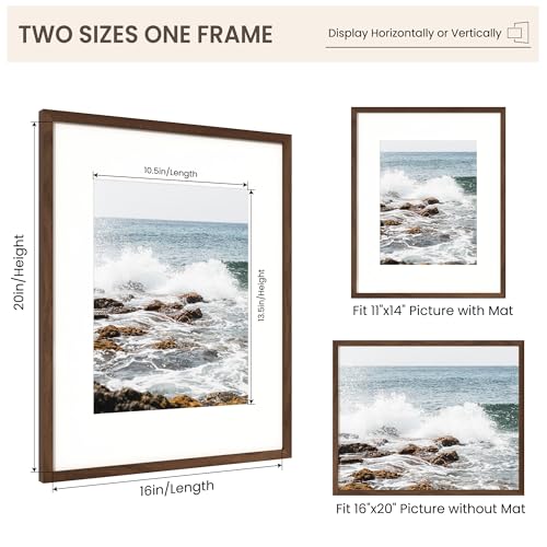 Image of FLYJOE 16x20 Oak Wood Picture Frame with Mat for 11x14, 16 by 20 USA-Sourced Natural Solid Wooden Poster Frame for Wall Display, Tempered Real Glass, Hanging Hardware Included, 3 Pack, Walnut Color