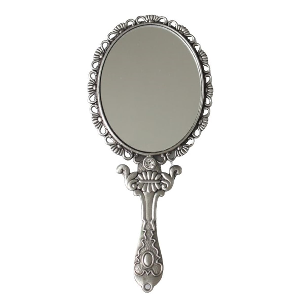 Espejo de mano vintage con rosa en relieve en la parte posterior, maquillaje de mano, espejo de metal de belleza, bolso compacto, espejo pequeño (estaño) 2