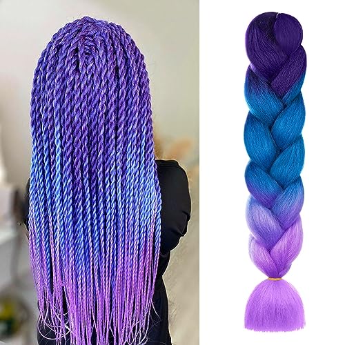 Aomig Extensiones para Trenzas 24" - Pelo Sintético 4 Colores Degradado - Trenzas Africanas Postizas para Cabello Trenzado Torcido - Morado/Azul Lago/Morado