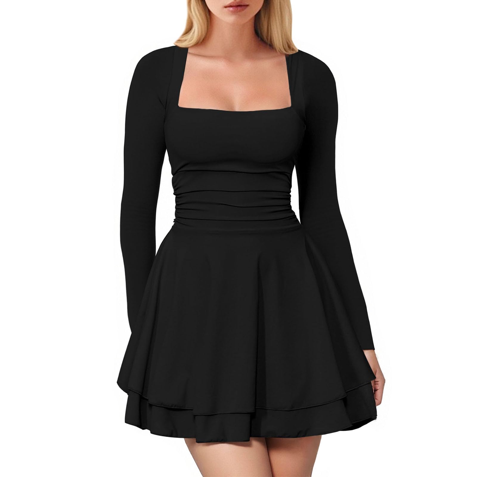 Womens Square Neck Long Sleeve Mini Dress Bodycon Ruffle Hem Short Ruched Waist Party Club Dresses