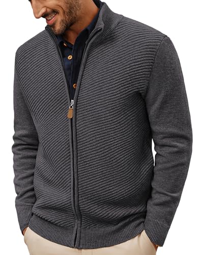 PJ PAUL JONES Men's Cardigans Full Zip up Stand Collar Ribbed Knitted Cardigan Grey S