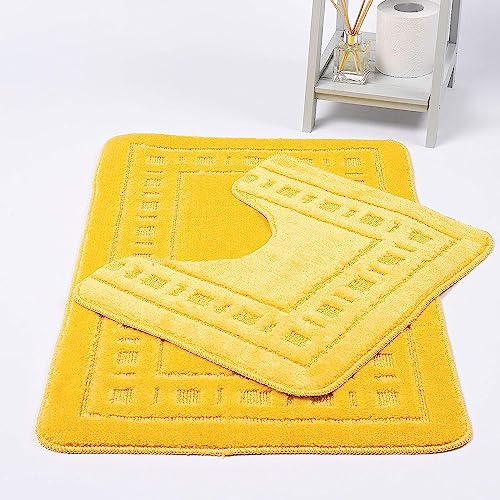 Greek Bath Mat Pedestal Mat Super Soft Water Absorbent Non Slip Toilet Mat Ultra Plush Thick Microfiber Washable Bathroom Rug 2 Piece Mats (Lemon)