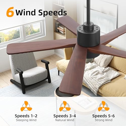 Image of WINGBO 48 Inch DC Ceiling Fan with Lights and Remote Control, 5 Carved Solid Wood Blades, 6-Speed Noiseless Reversible DC Motor, Indoor Ceiling Fan in Matte Black Finish with Walnut Blades
