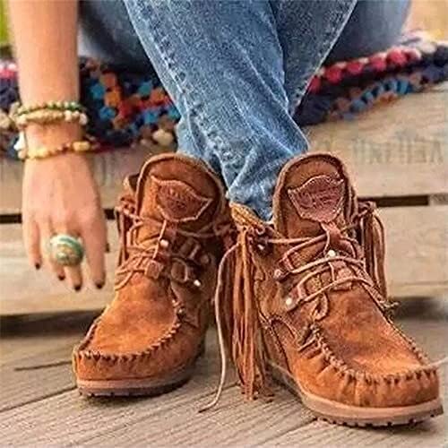 HXZDEY New Women's Suede Retro Ankle Boots,Non-Slip Comfort Ankle Booties 3-Arch Support - Ladies Everyday Boots,Winter Round Toe Roman Retro Fringe Short Flat Shoes (Color : Brown, Size : 40 EU)