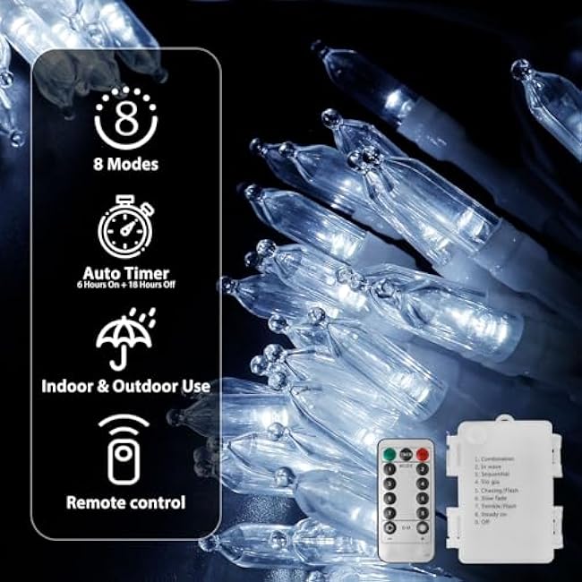 Battery Operated Christmas Lights, 33Ft 100 LED Cool White String Lights with Auto Timer & 8 Modes & Remote Control, Shatterproof Waterproof for Outdoor Indoor Wedding Party Home, White Wire
