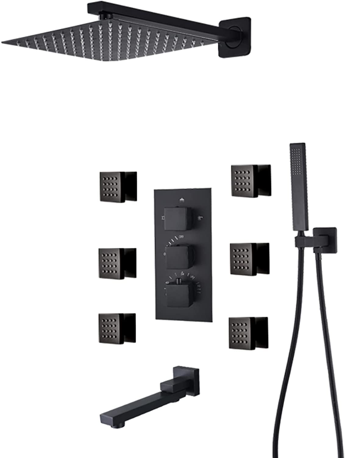 AYCDL Shower System Thermostatic Concealed Shower Faucet Set Wall Mounted Matte Black Anti Scald Shower Combo Set with 6 Body Sprays with Hand Shower and Waterfall Ra,size_name-10 Inch