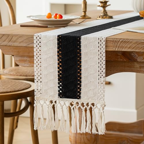 Image of FEXIA Boho Table Runner for Summer Home Decor with Tassels 90 Inches Long Farmhouse Rustic Black Gothic Table Runner Macrame Gothic Burlap Table Decoration for Kitchen Living Room (12x90 Inches)