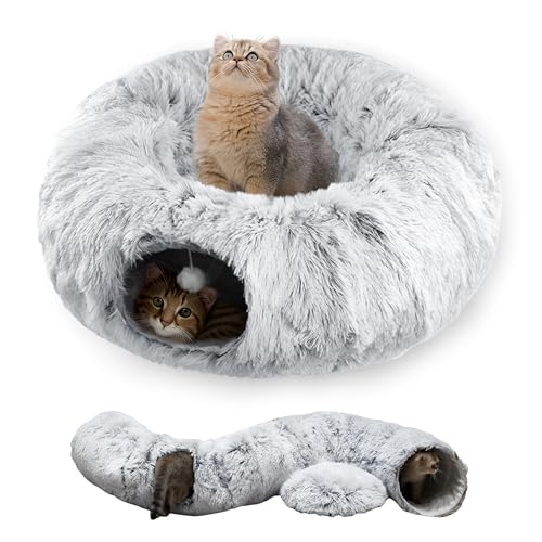 Cat Tunnel Bed for Indoor Cats with Washable Cushion Cat Cave Donut Tunnel with Fluffy Ball Big Round Tube Pet Playground Toys Soft Plush Peekaboo for Kitten, Cat, Puppy, Rabbit, Ferret