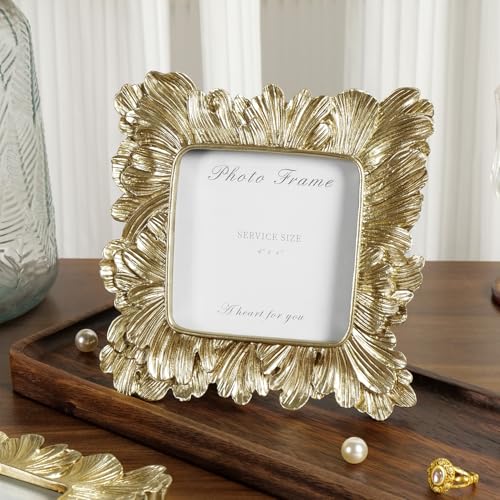 Gold Picture Frames 4x4, Vintage Gold Resin Photo Frame Palm Leaves Textured with Glass Front, Elegant Retro Square Frame for Wall and Tabletop Display Home Decor