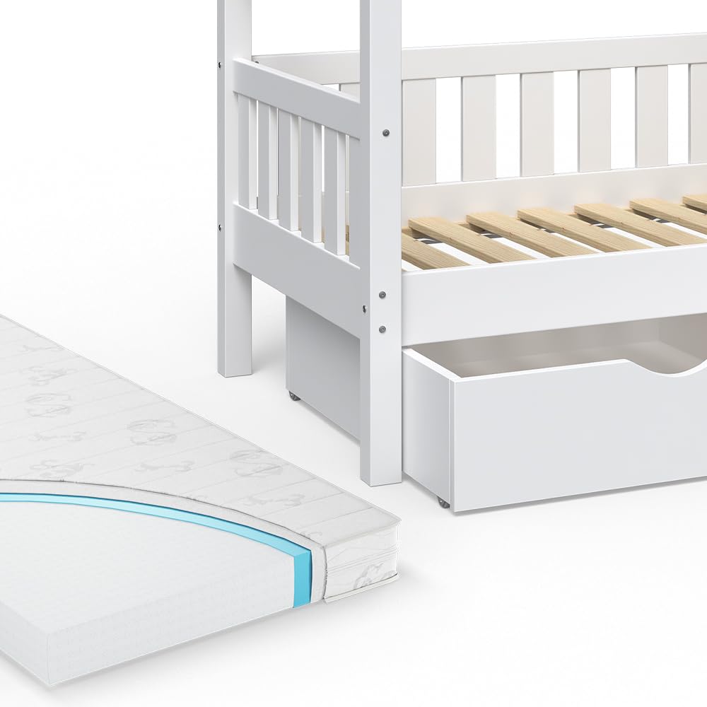 VitaliSpa Letto montessori bambini Design, Bianco, 80x160 cm | con 2 cassetti e materasso, adatto come area giochi e zona notte per bambini
