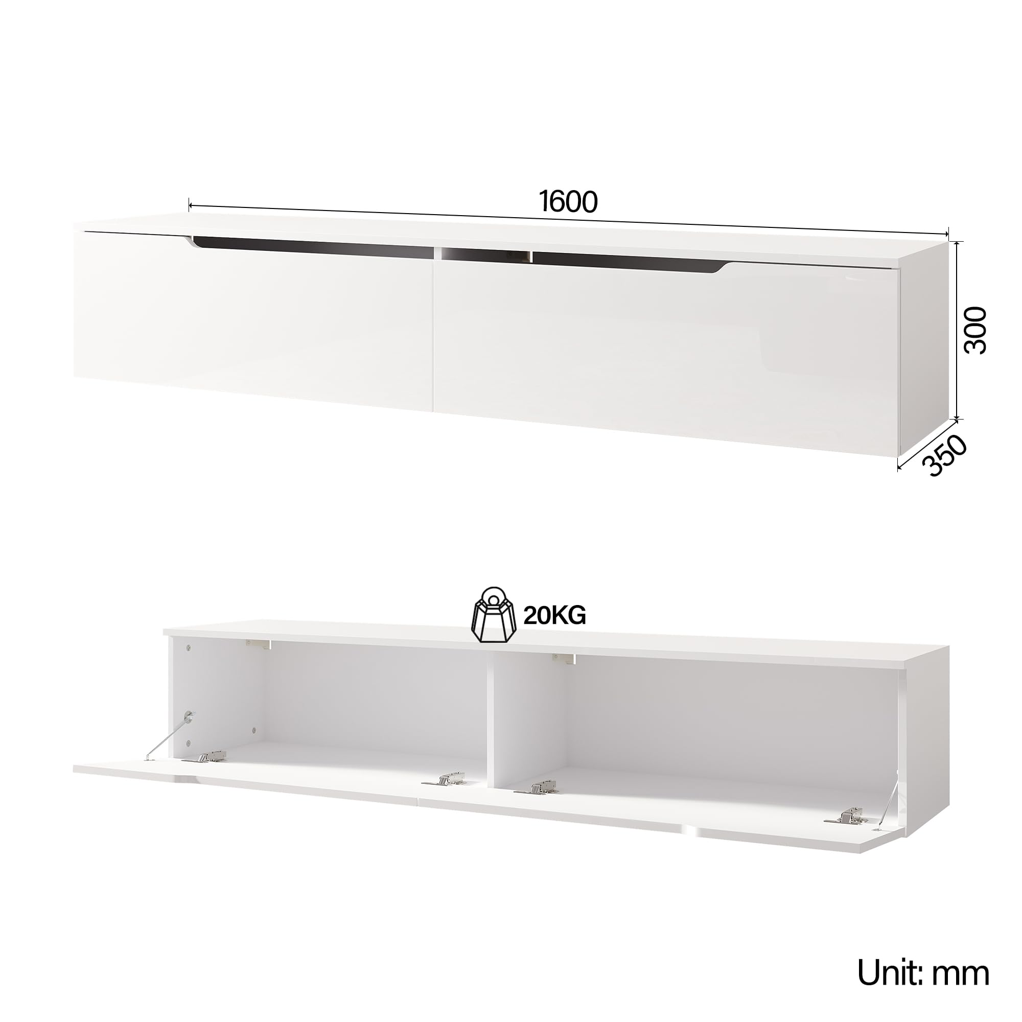 SIRHONA Meuble TV LED Blanc Laqué éclairage LED avec 16 Couleurs Ajustables, Plateau TV Haute Brillance, sur Pied ou Suspendu, pour Le Salon ou La Chambre à Coucher