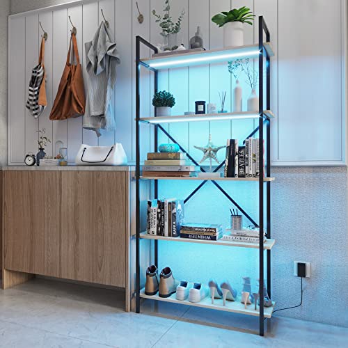 Vlsrka 5 Tier Industrial Bookshelf With 3 Led Lights,Tall Bookshelf Large Etagere Bookshelf Open Display Shelves Wood And Metal Standing Bookshelf Modern Bookcase Storage Shelving Unit For Home Office #TOP3
