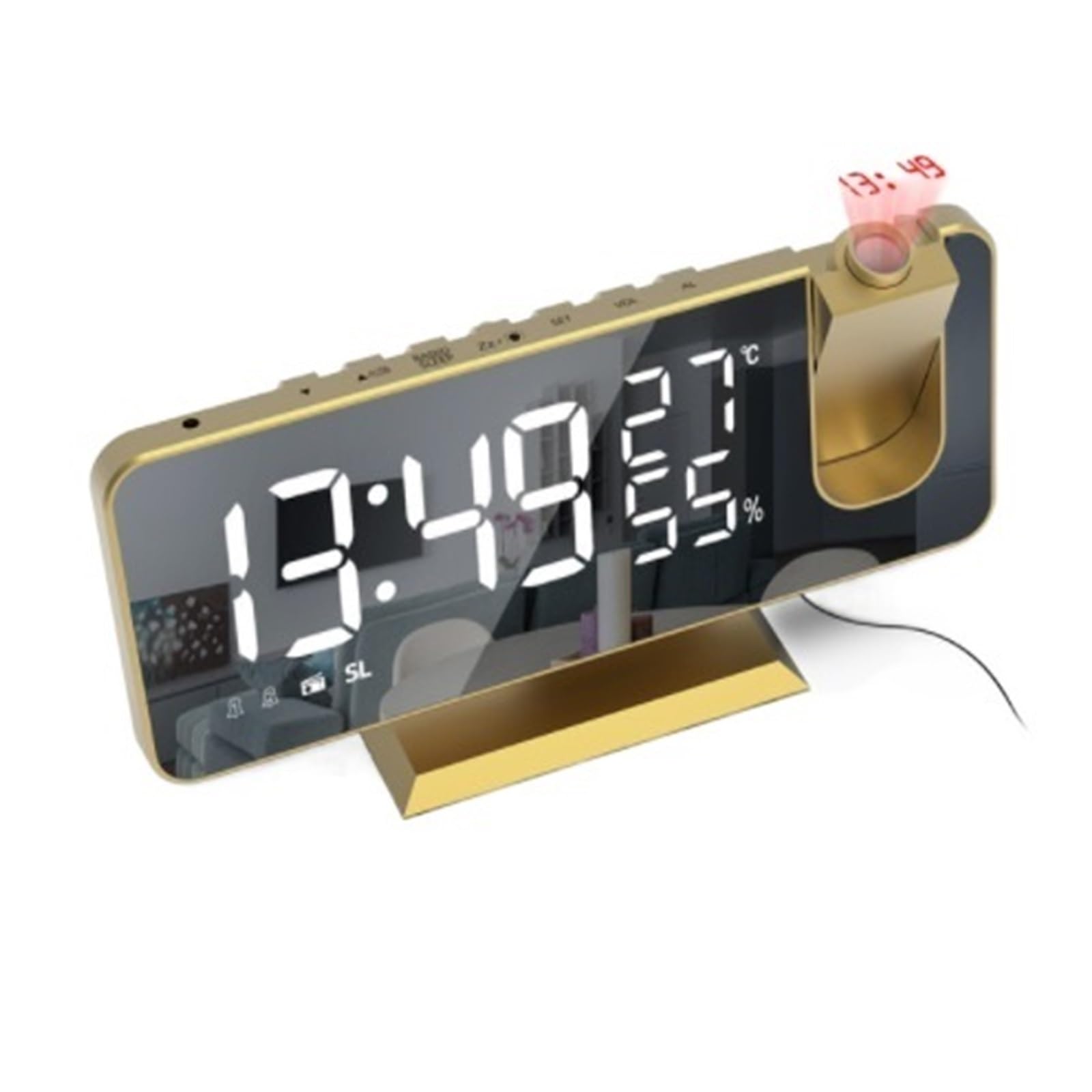 KOESRXNQW FM Radio LED Digital Smart Alarm Clock Watch Table Electronic Desktop Clocks USB Wake Up With 180° Projection Time Snooze Clear Projection(Gold)