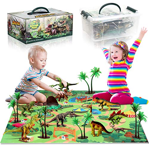 TTMOW Juego de Dinosaurios con 9 Figura de Dinosaurios, Tapete de Juego y 5 Arboles Juguetes Educativos para Niños