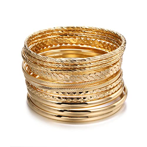 12Pcs Bangle Collection Alloy Metal Textured Color Design Jewelry Large Size Bangle Bracelets Set for Women(Gold)