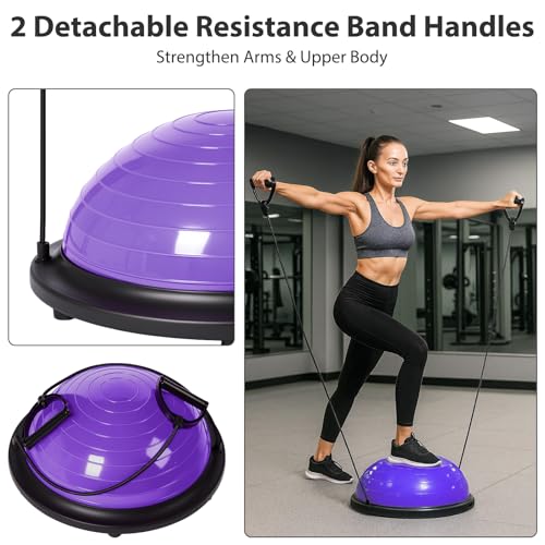 GROWNEER Balance Ball Board Inflatable Air Dome With Resistance Bands and Pump, Women Exercise Balance Trainer for Home Gym Workout Fitness Anti-slip Half Yoga Ball for Pilates (Purple) - Image 2