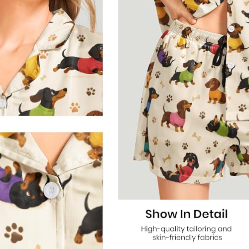 Image of Funny Pajamas for Women Set Print Satin Loungewear Pjs Short Sleeve Button Down Top and Shorts Sets Sleepwear XS-3XL