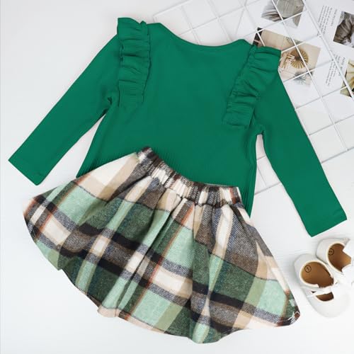 Image of AGQT Toddler Girls Fall Winter Clothes Long Sleeve Ribbed T-Shirt Knit Tops Plaid Button Mini A-line Skirts Set Outfits