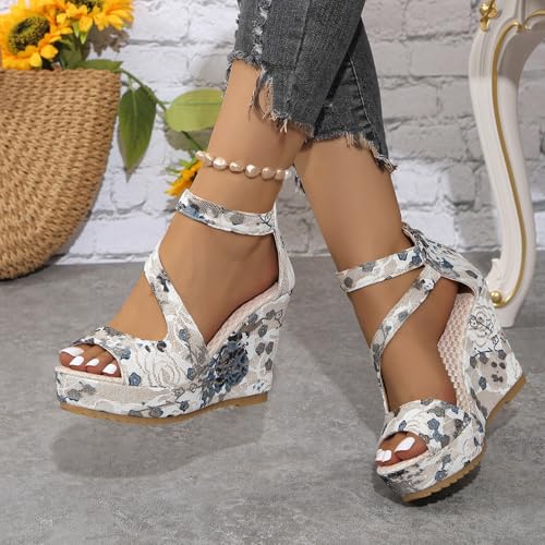 Women's Printed Platform High Heels Open Peep Toe Sandals Fashion Wedge Ankle Strap Back Zipper Slope Espadrille Casual Comfortable Floral Pattern Thick Sole Slip No Summer Sandal Shoes3