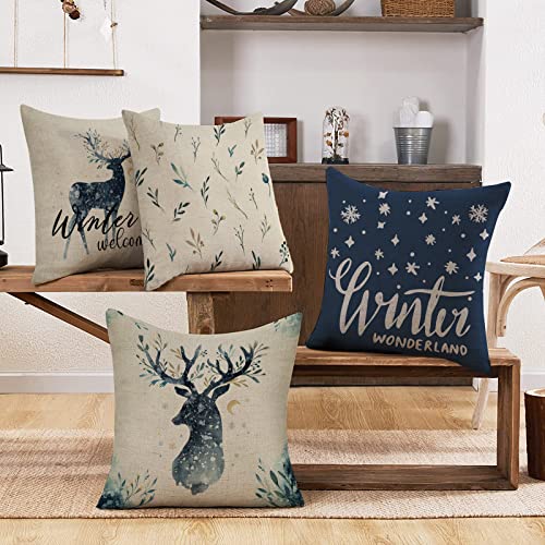 Fbcoo Winter Wonderland Watercolor Reindeer Throw Pillow Cover Set Of 4, 18X18 Blue Snowflake Elk Welcome Ink Home Farmhouse Decoration Leaves Pillowcase Cushion Case Decor For Sofa Couch Cotton Linen #TOP3