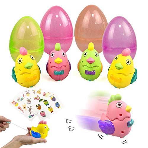 UNGLINGA Large Prefilled Wind Up Chicks Easter Eggs Basket Stuffers Decorations for Toddler Boys Girls Kids Gift LED Flashing Chicken Wings Toy Fillers Party Supplies with Stickers