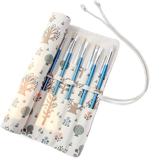 20 Slot Pencil Roll Up Case Portable Canvas Artist Paint Brush Holder Large Capacity Drawing Pen Pouches Cases Bag Storage Paintbrush Organizer Teenage Girls Boys Stationery for School Yellow Tree