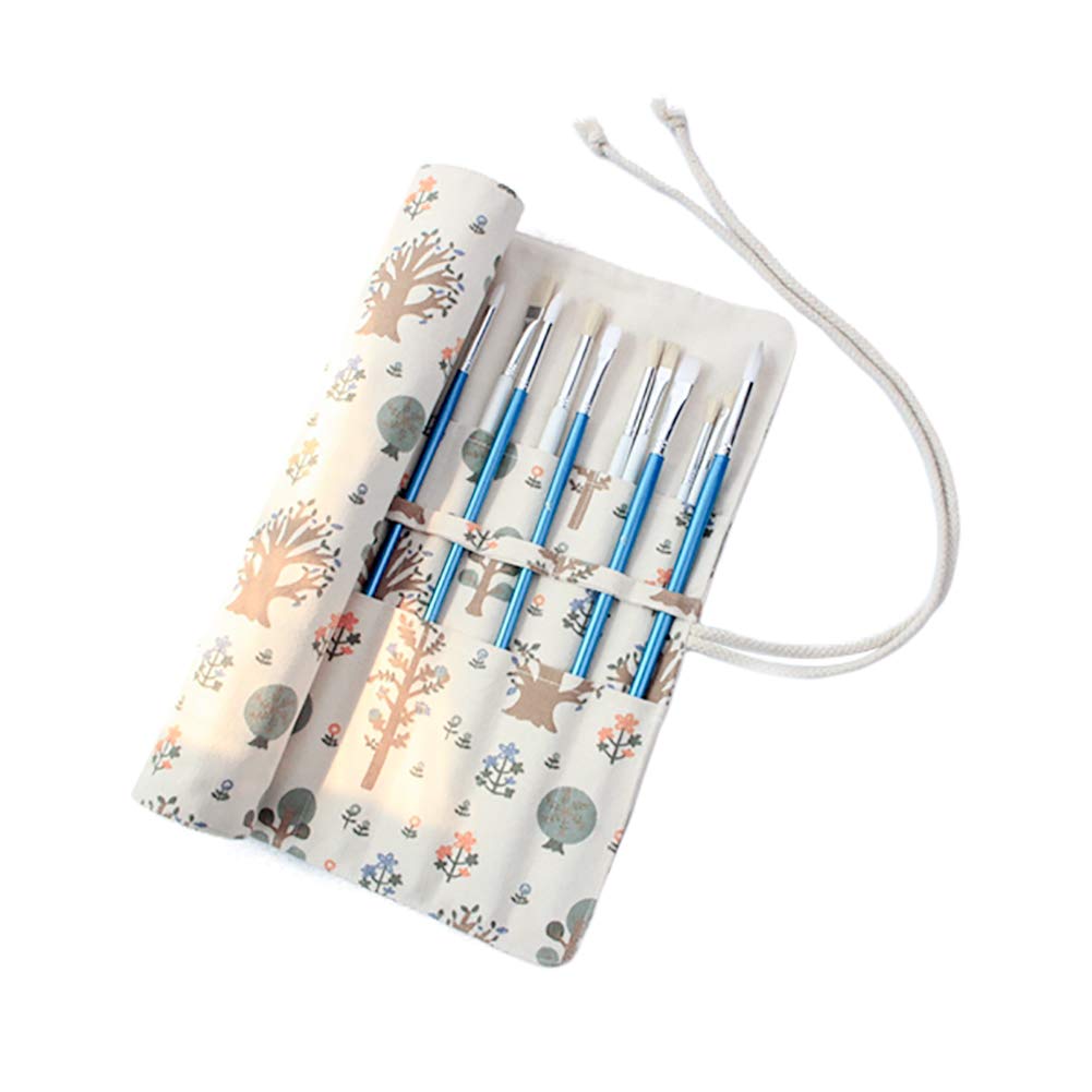 20 Slot Pencil Roll Up Case Portable Canvas Artist Paint Brush Holder Large Capacity Drawing Pen Pouches Cases Bag Storage Paintbrush Organizer Teenage Girls Boys Stationery for School Yellow Tree