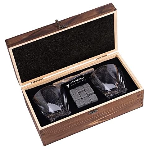 Luxury Whiskey Glass Set of 2, Gift Set in Wooden Box, Includes 9 Whiskey Ice Stones, Velvet Bag and Stainless Steel Tongs. Great Gift for Men, Dad, Christmas Cover