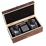 Luxury Whiskey Glass Set of 2, Gift Set In Wooden Box, Includes 9 Whiskey Ice Stones, Velvet Bag and...
