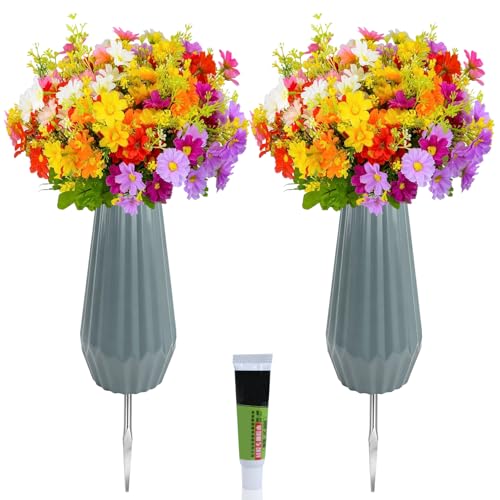 Niuny Grabvase mit Erdspieß 2Stk Grabvasen zum Stecken Friedhofsvase Einsatz Grabvase mit Sockel Vaseneinsatz Friedhof Friedhofsvasen Kunststoff Gedenkvasen für Gedenkgeschenke Grabdekoration