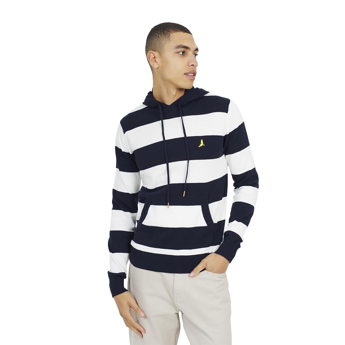 BRAVE SOUL Mens Knitted Hooded 100% Cotton Pullover Stripe Jumper Hoodie Casual Top Navy Blue XL