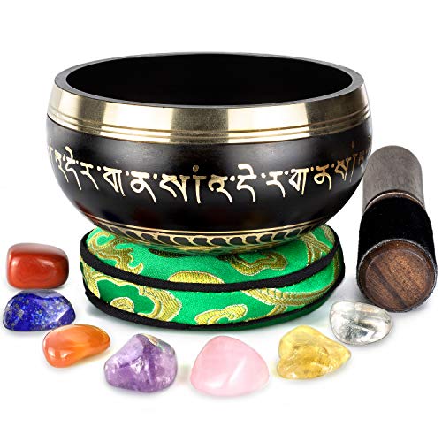 Tibetan Singing Bowl Set - 7 Chakra Crystal stones - For Meditation, Yoga, Mindfulness, Spiritual and Body Healing and Energy Cleansing