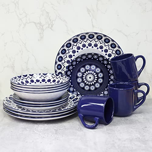 16 Pieces Dinnerware Set, Stoneware, Plates And Bowls Sets, Service For 4, Porcelain, Decorated Mod Dot Blue, Microwave Dishwasher Safe, Chip Resistant, For Everyday Casual Kitchen And Formal Dinner #TOP5