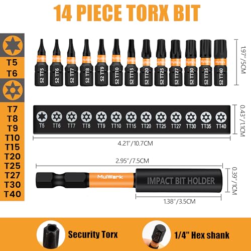 Image of MulWark 14-Piece Security Torx Bit Set - T5-T40 Star Bits Set, 1'' S2 Steel Tamper-Resistant Bits with Magnetic Bit Holder, 1 /4 inch Hex Shank - Christmas Gift, Holiday Tool Set, Xmas Stocking Stuffer