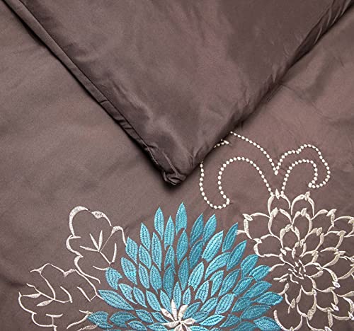 Legacy Decor 7 Pc Brown, Teal And Taupe Floral Striped Design Queen Size Comforter Set #TOP4