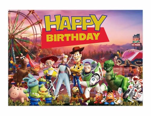 7X5 FT Toy Cartoon Story Backdrop for Photography Happy Birthday Banner Party Decorations for Boys and Girls Photoshooting Indoor and Outdoor