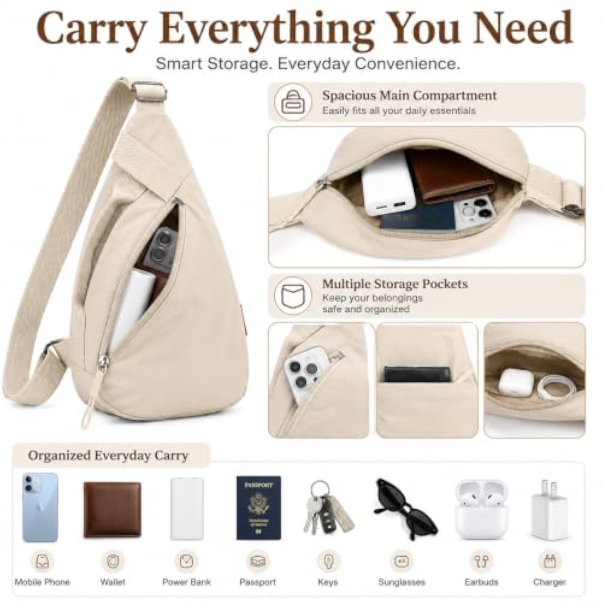 Nylon Chest Bag for Men & Women Beige