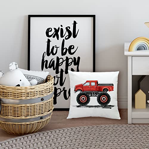 Watercolor Red Pickup Monster Truck Pillow Cover 18X18 Inch Monster Truck Vehicle Throw Pillow Case Transportation Pillowcase Cushion Cover For Couches And Sofas #TOP1