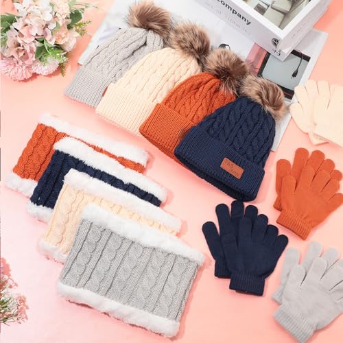 Liitrsh 4 Sets Kids Winter Hat Gloves Scarf Set Children Hats Neck Warmer Winter Gloves for Kids 5-12 Years4