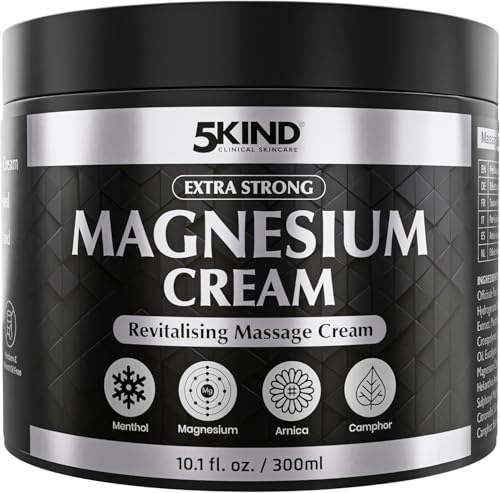 5Kind Extra Strong Magnesium Cream 300ml - Magnesium Cream for Muscles Joints Lower Back Knee Neck Shoulder Hip & Feet - Infused with Arnica Eucalyptus Comfrey Menthol & Hemp Oil
