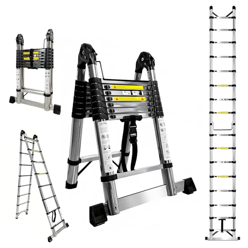Brsheco Escalera telescópica plegable de acero inoxidable, 5 m (2,5 + 2,5 m), escalera extensible 2 en 1, con estabilizador, gran aplicación, escalera plegable, escalera de pie, 150 kg, color plateado