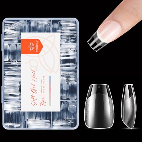 Modelones Short Coffin Nail Tips Pre-shaped Soft Gel Fake Nails False Clear