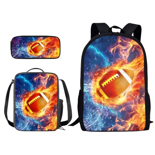 Set di 3 zaini per la scuola con stampa novità con borsa per il pranzo e astuccio per matite per studenti bambini ragazzi Galaxy Fire Water Splatter Football americano Taglia unica