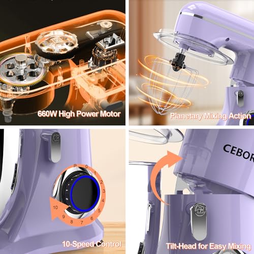 Image of CEBORY 3-IN-1 Electric Stand Mixer, 6.5QT Bowl 660W 10-Speed Kitchen Mixer, Household Food Mixers include Dough Hook, Beater and Whisk, Bread Cake Mixer for Baking and Most Home Cooks, Purple