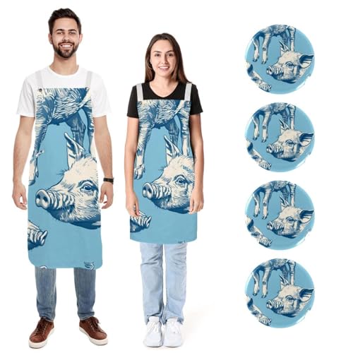 Tabliers cochon bleu dessiné main lot de 2 avec poches imperméables