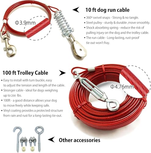 Heavy Duty Aerial Dog Tie Out Trolley System for Small to Large Dogs - 100ft Run Cable Zipline with 10ft Runner Cable Great for Yard Camping Outdoor (Red, 100 ft for one Dog up to 200 lbs) - Image 3