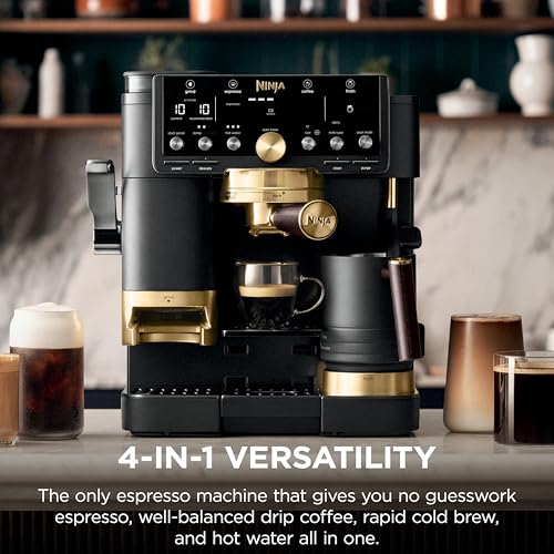Image of Ninja Luxe Cafe Pro designed by David Beckham, Espresso Machine, Drip Coffee, Cold Brew, Hot Water, Integrated Tamper, Built-in Grinder, Hands-Free Frother for Lattes & More, Black /Gold, ES771BK