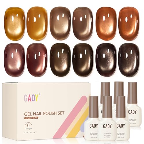 GAOY Fall Cat Eye Gel Nail Polish Set with Magnet 6 Colors Gold Brown Orange Champagne Glitter Gel Holography Long Lasting for Nail Art at Home & Salon Manicure