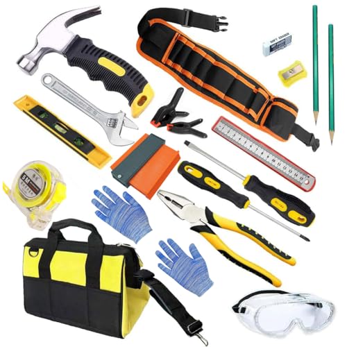 QeeHeng Kit de Démarrage Vrais Outils pour Enfants ,Garçon Ensemble Vrais Outils à Main en Métal ,avec Ceinture à Outils, Boîte Marteau ,Tournevis,...